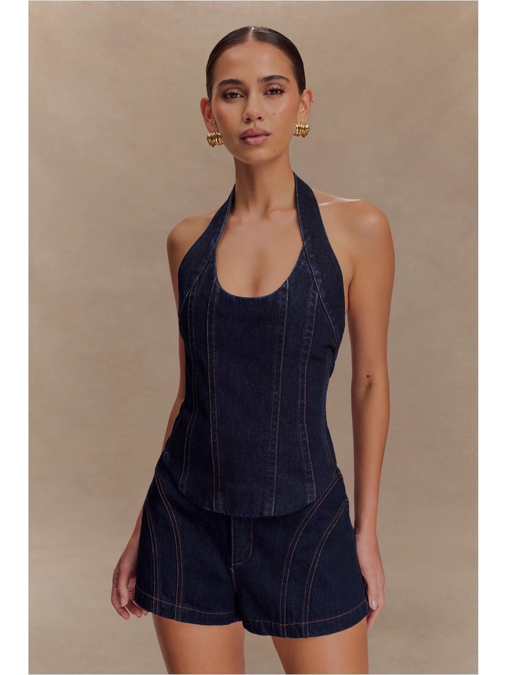 Meshki Meadow Denim Corset Halter Top in Indigo Blue